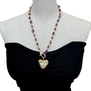 Amethyst Freeform With Electroplated Necklace Blue Larimar Heart Shaped Pendant - Picture 1 of 6