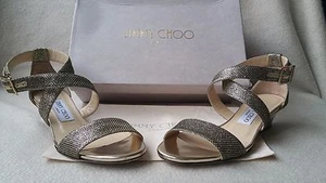 Nuova scarpa sandalo Jimmy Choo Chiara 36 6 bronzo oro croce cinturino mezza zeppa tacco - Foto 1 di 12