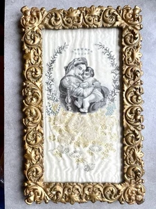 Broderie XIX Vierge à l'Enfant encadrée C.les Jourjon St Étienne déposée - Picture 1 of 7