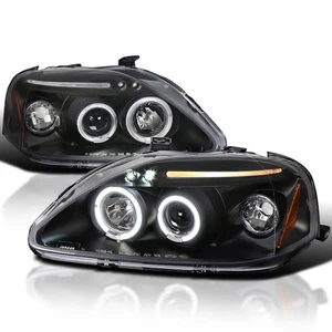 Black Fits 1999-2000 Honda Civic Led Halo Projector Headlights Lamps Left+Right - Picture 1 of 9