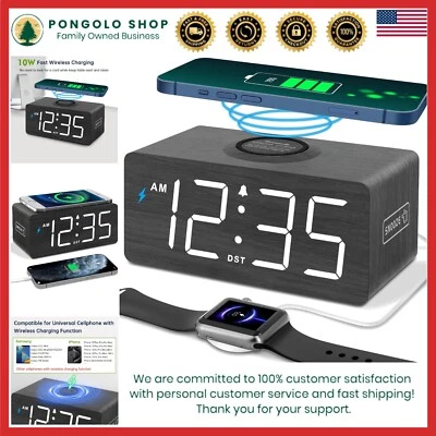 Wood Digital Alarm Clock Wireless Charging USB Nightstand Bedside Decor - Image 1 of 4