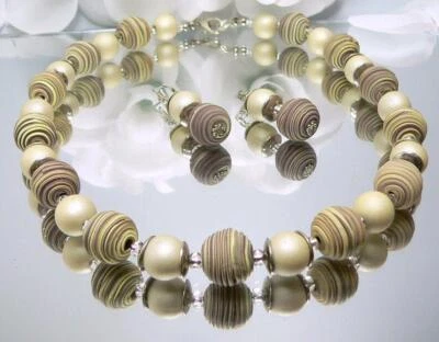 2er Schmuckset Halskette Ohrringe Fimo Perle braun beige Acryl beige 447d - Bild 1 von 4