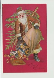 POSTAL SANTA CLAUS VESTIDO MARRÓN CON BOLSA DE JUGUETES ""FELIZ NAVIDAD"" EN RELIEVE - Imagen 1 de 2