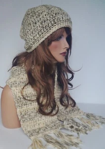 ALMOND BEIGE TAN MULTI  HAND CROCHET HAT AND SCARF SET HAND MADE BEANIE CLOCHE   - Picture 1 of 6