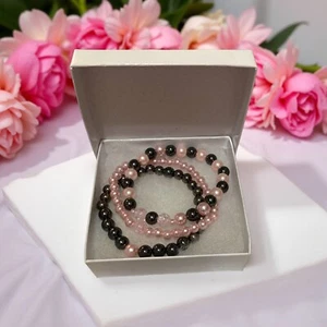3 Set Pink pearl beads, gray hematite stone woman's handmade bracelet - Picture 1 of 8