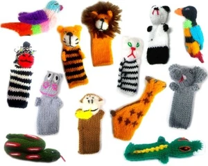 Jungle Animal Finger Puppets Wool Knit Assorted Wild Zoo Characters 12 Piece Set - Picture 1 of 3