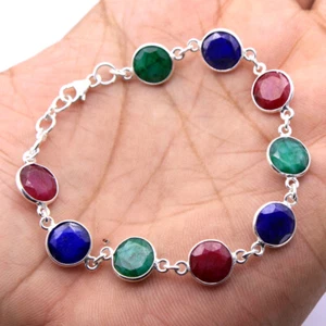 Lab created dyed Ruby Sapphire Emerald Bracelet Sterling Silver Jewelry - Picture 1 of 4