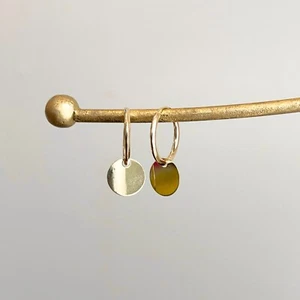 14K Yellow Gold EndlessHoop Earrings with Circle Disc Dangle Charm NEW 15mm - Picture 1 of 14