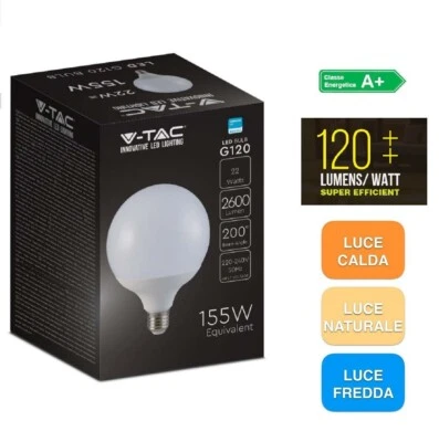V-TAC PRO VT-242 LAMPADINA LED E27 22W GLOBO G120 CHIP SAMSUNG 3000K 4000K 6500K - Immagine 1 di 4