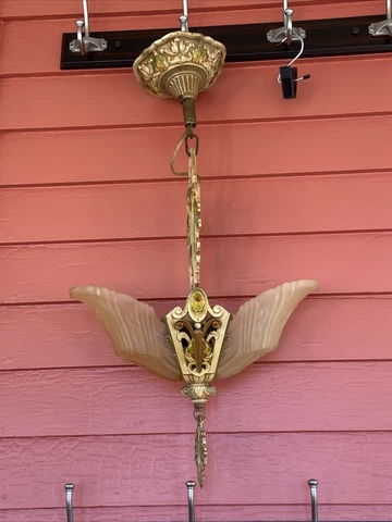 Vintage Cast Metal Original Paint Amber Slip Shade Hall Lamp Art Deco Fixture Cover