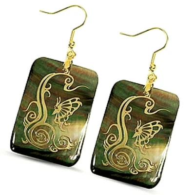Black Lip Mother of Pearl Embossed Flower and Butterfly Images Earrings-AE0055 - Image 1 of 3