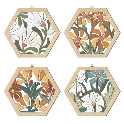 Nuevo Mejor HOURIA 4 PIEZAS Boho Flor Madera Arte de Pared Mercado Abstracto Colgante de Madera Foto 1 de 4