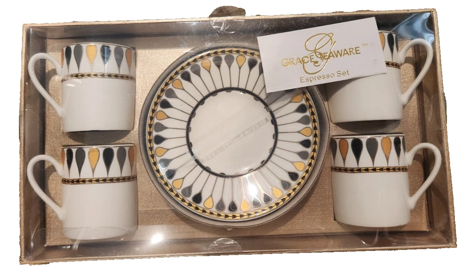 Juego de té Grace Teaware Expresso ~ 4 tazas y platillo negro/dorado/blanco nuevo caja abierta Foto 1 de 1