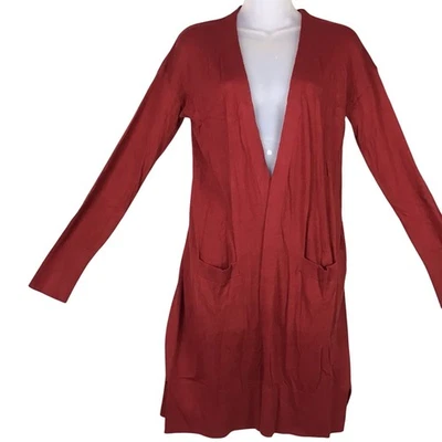 Halogen Womens Small Open Front Long Cardigan Sweater Brick Red Pockets Knit - Image 1 of 4