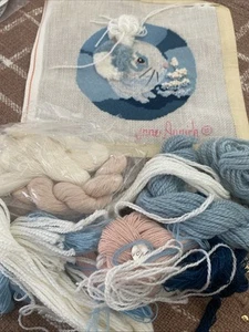 Jane Auruch Handpainted Needlepoint Canvas Kit Started Blue Bunny Ornament 5” - Picture 1 of 4