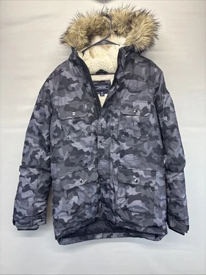 Abrigo de Invierno Lands End XL Gris Patrón Camuflaje Buenos Bolsillos Cremallera A Presión Niños Foto 1 de 4