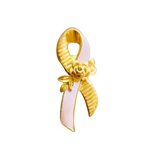 Vintage Pink Ribbon Enamel Brooch | Breast Cancer Awareness Pin | Gold-Tone  - Picture 1 of 2