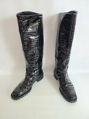 La Canadienne  37.5 Black Patent Leather Croc Print Lined Rain Boots - Image 1 of 4