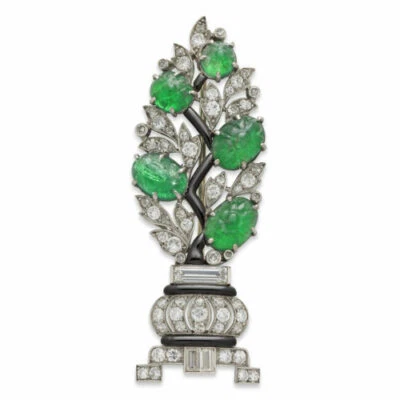 French Art Deco CZ Carved Emerald, Black Enamel Openwork Plant Brooch Pin - Image 1 of 4
