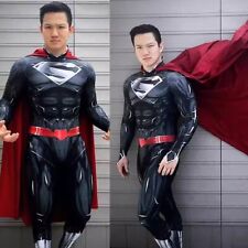 Black Superman Jumpsuit Cloak Cosplay Costume Muscle Suit Adult Kids Halloween