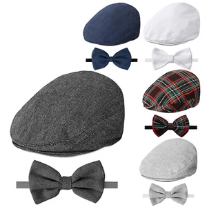 Baby Infant Beret Cute Bow Tie Breathable Driver Cap Cotton Newsboy 2pcs Flat - Picture 1 of 25