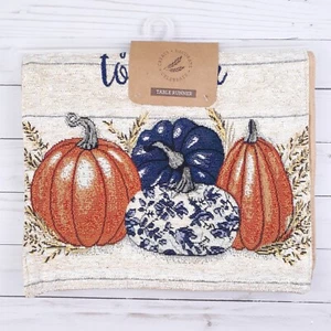 Fall Tapestry Table Runner 13x72 Pumpkin Bunch Blue Floral Gather Together - Picture 1 of 3