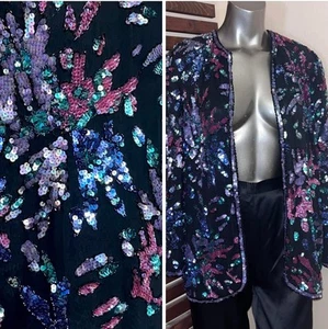 1980s Vintage Black 100% Silk Pink Purple Blue Metalic Sequin Blazer Jacket - M - Picture 1 of 7
