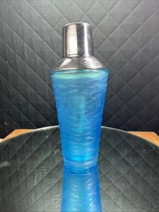 VTG Frosted Art Glass Cocktail Shaker Metal Top Art Deco Blue Waves 20 oz 9 1/2” - Picture 1 of 8