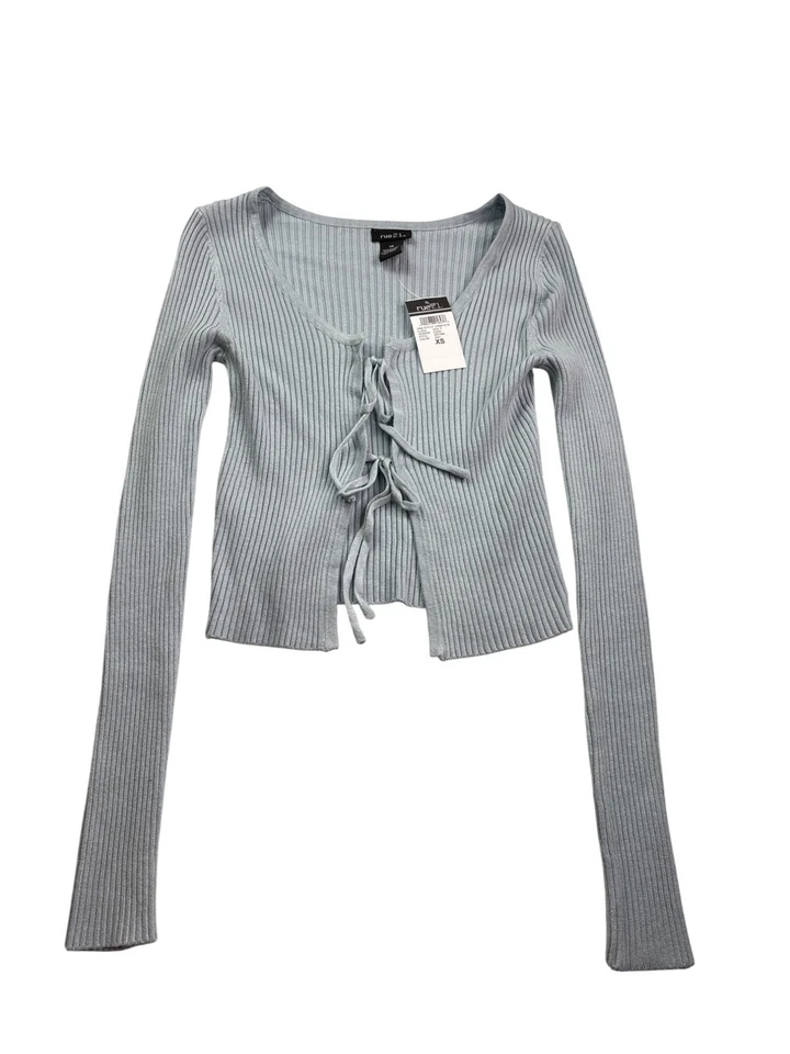 Rue21 罗纹长袖领带正面裁剪针织开衫上衣 XS 码浅蓝色  — 第 1/4 张图片
