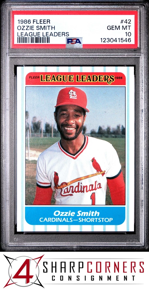 1986 FLEER LEAGUE LEADERS #42 OZZIE SMITH CARDINALS HOF PSA 10 - Image 1 of 3