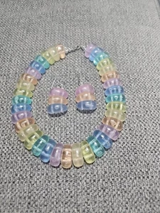 Vintage 1970s Bubble Bead Rainbow Pastel Necklace & Pierced Earings Set - Picture 1 of 5