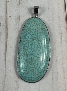 Faux Turquoise Stone Pendant, Oval Teardrop, 2”, Silver Tone, Boho - Picture 1 of 6