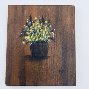 Mini Ölgemälde auf Holz Blumen in Vase 3"x2,5" signiert Jeanne Wultberg winzig - Bild 1 von 7