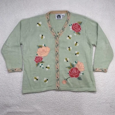 Suéter Cárdigan Tejido Libro de Cuentos Vintage 1X Floral Primavera Abejas Cottage Granny Foto 1 de 4