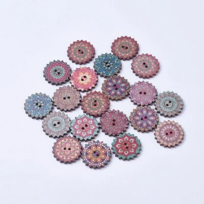 100pcs Indian Style Colorful Vintage Printed Flower Feather Arrow Wooden Button - Image 1 of 4