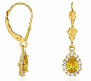 14K Solid Yellow Gold Tear Drop Dangle Diamond And Citrine Lever Back Earrings - Picture 1 of 1
