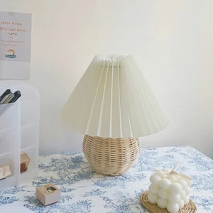Minimalism Style Pleated Fabric Shade Bedside Lamp Rattan Decor Table Light - Picture 1 of 9