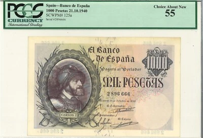 @@@@ Spain 1000 pesetas 1940 P125 graded PCGS 55 not PMG rare nice condition @@@ - Image 1 of 2