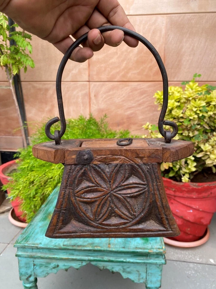 Antique Oil Box Old Wooden Hand Carved Floral Design Iron Handle Oil Box Purse  - Image 1 of 4