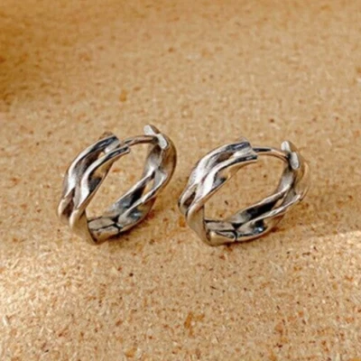 Solid Metal Twisted Earring Regular Use For Men's 14k white Gold Plated Silver - Image 1 of 4