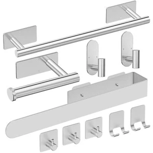 10pcs Towel Racks for Bathroom Stainless Steel Self Adhesive Towel Bar Set - Picture 1 of 7