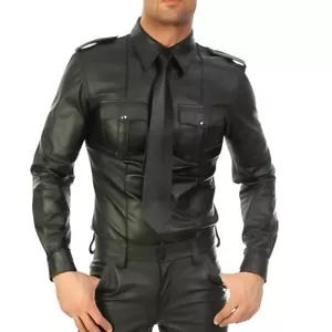 Men's Real Leather Police Uniform Shirt Full Sleeves Police Shirt Black Hot Bluf - Picture 1 of 6