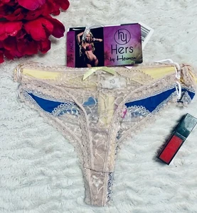 HERS BY HERMAN 2-Pack Womens Nude Lace Trim Thong Panties Size S - Blue & Yellow - Picture 1 of 2