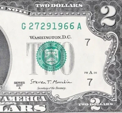 G 2729 1966 A : TRAILING YEAR 1966 $2 Two Dollar Bill Serial Number - Image 1 of 3