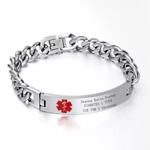 Men Medical Alert ID Chain Bracelet Wristband DIY Free Engraving Stainless Steel - Picture 1 of 10