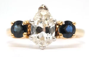 14K YELLOW GOLD & PLATINUM PEAR DIAMOND & SAPPHIRE ENGAGEMENT RING SIZE 5.5 - Picture 1 of 7