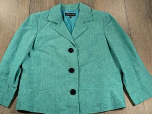 Jones New York Linen Blazer Jacket Womens 12 Turquoise 3 Button Long Sleeve - Picture 1 of 9