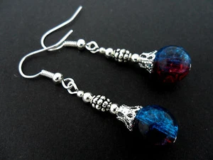 A PAIR OF TIBETAN SILVER RED/BLUE CRACKLE GLASS BEAD DANGLY EARRINGS. NEW. - Picture 1 of 1