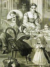 Thanksgivng Dinner FAMILY DOLL CHILDREN 1868 Antique Engraving Art Matted