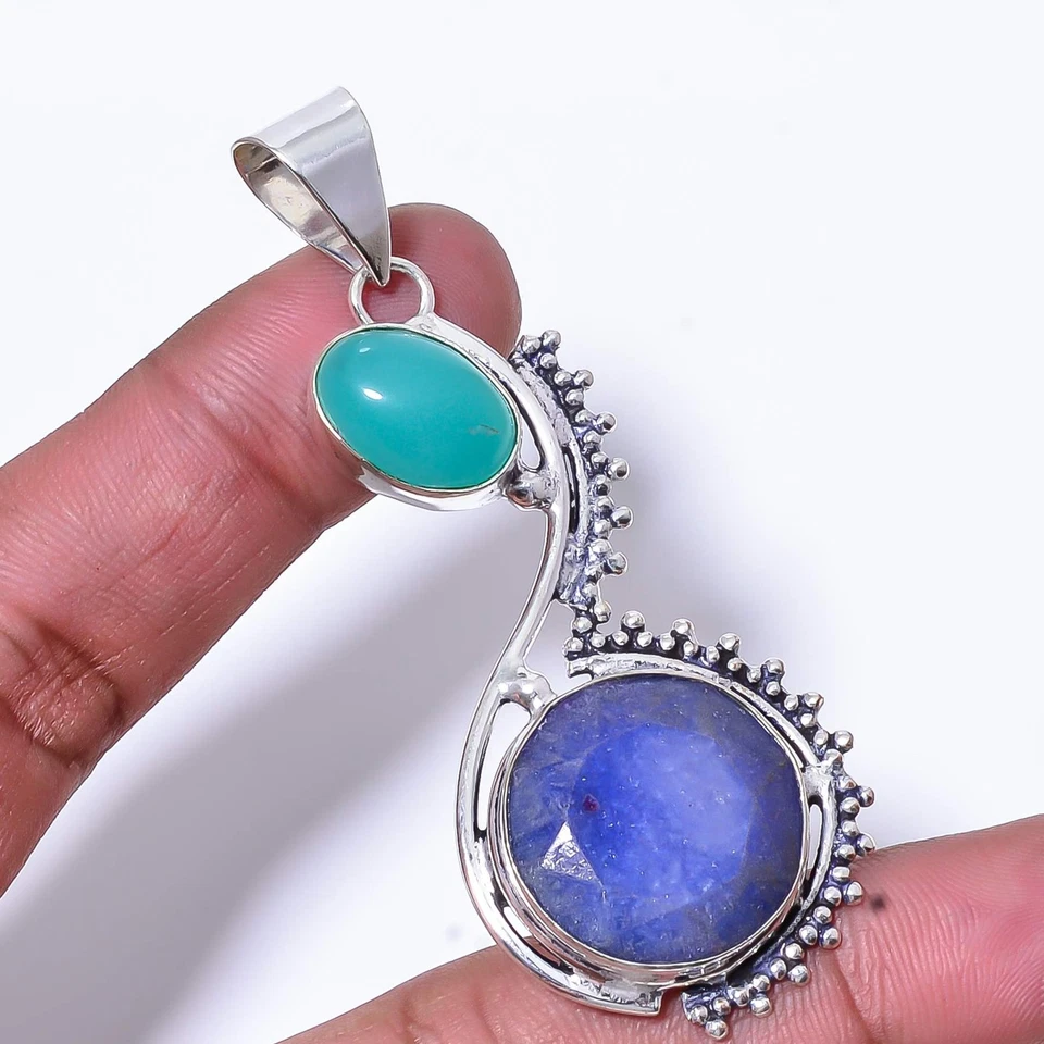 Blue Sapphire & Green Onyx (Simulated) 925 Sterling Silver Pendant 2.73" P356 - Image 1 of 1